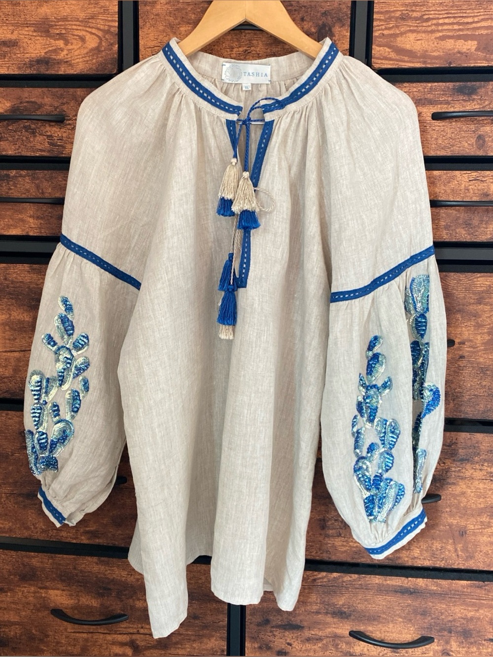 Tashia Linen Tunic Sequins Tassels Resortwear Size XL Natural & Blue Coverup